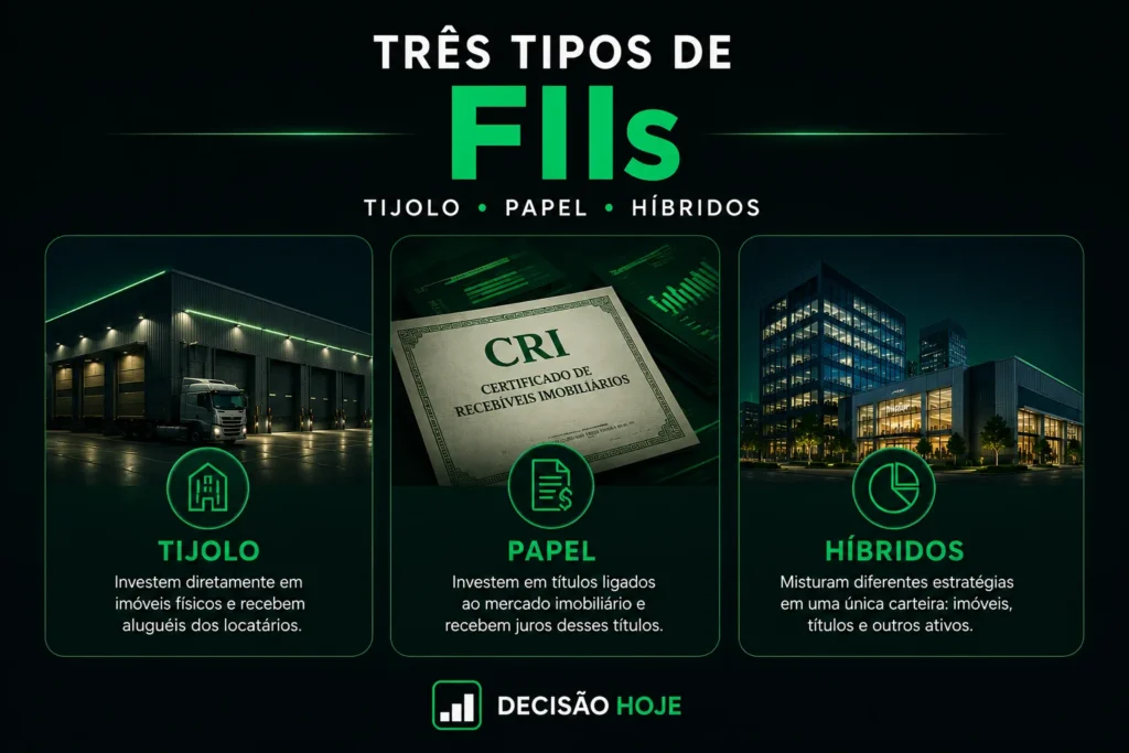 Três tipos de FIIs: fundos de tijolo, fundos de papel e fundos híbridos