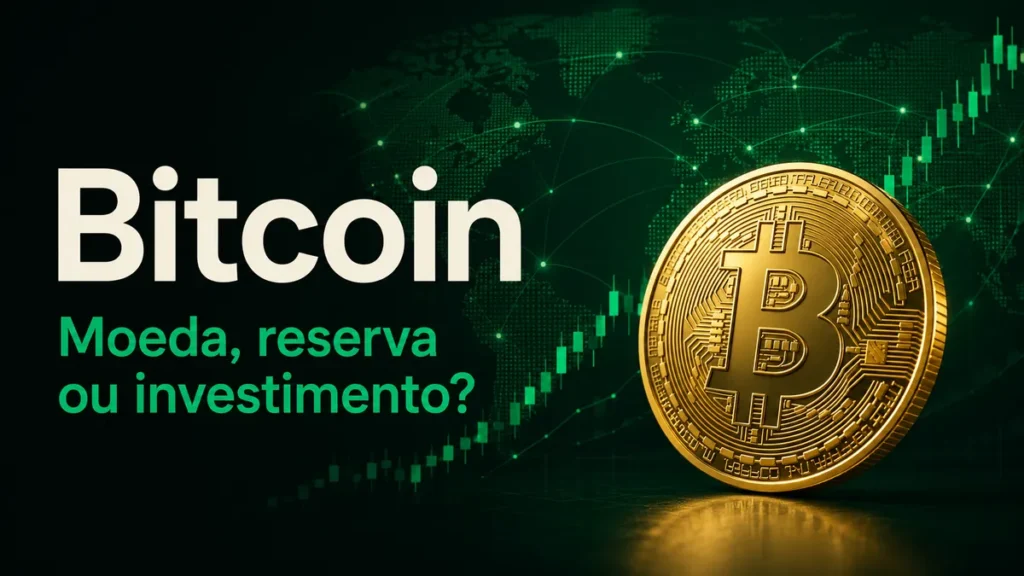 Imagem sobre Bitcoin como moeda digital, reserva de valor ou investimento.