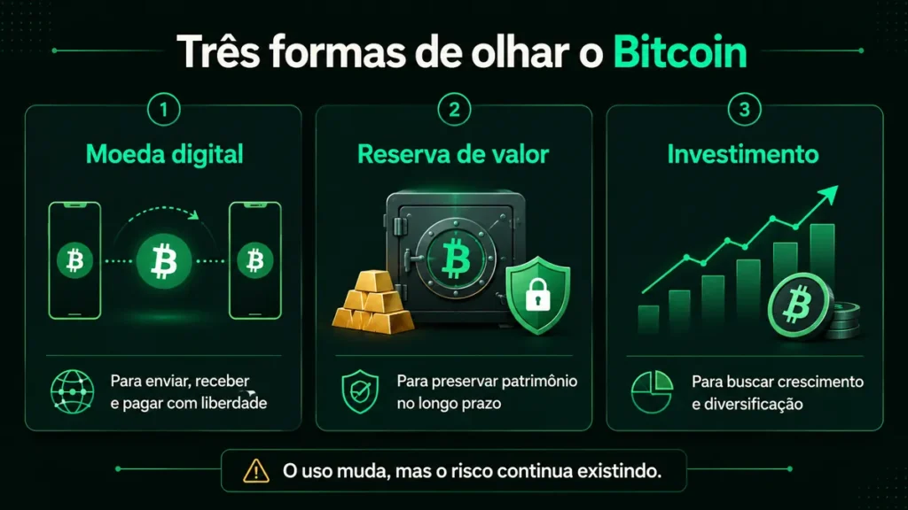Infográfico mostrando três formas de olhar o Bitcoin: moeda digital, reserva de valor e investimento.